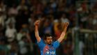 India’s Yuzvendra Chahal celebrates the wicket of England captain Eoin Morgan in the third T20 International at M Chinnaswamy Stadium, Bengaluru, India. Photograph: India