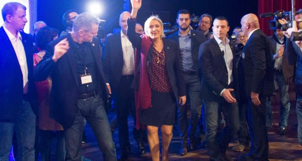 Marine Le Pen, French National Front political party leader and candidate for French 2017 presidential election, arrives to attend the 2-day FN political rally to launch the presidential campaign in Lyon, France. Photograph: Emmanuel Foudrot/Reuters  