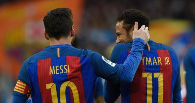 Lionel Messi  celebrates with  Neymar after scoring during the La Liga game against  Athletic  Bilbao at the Camp Nou stadium. Photograph:  Lluis Gene/AFP/Getty Images