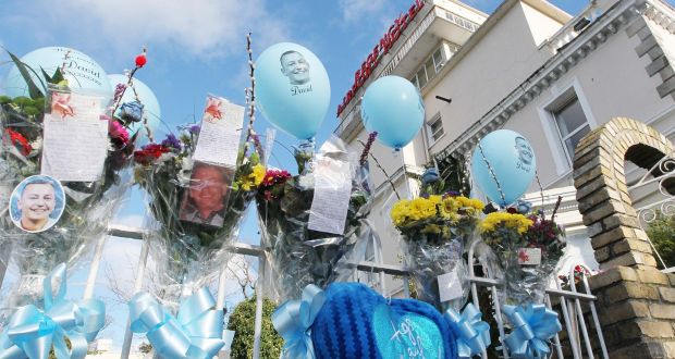 Flowers and tributes left at Regency Hotel for David Byrne’s  one year anniversary. Photograph: Stephen Collins/Collins Photos
