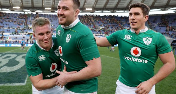 Ireland’s John Ryan, Niall Scannell and Ian Keatley celebrate the big victory over Italy in Rome. Photograph: Dan Sheridan/Inpho 