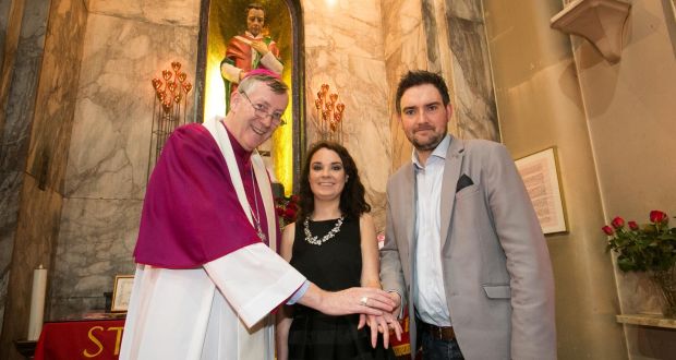 Bishop Denis Nulty, president of Accord Catholic Marriage Care Service with Carol Dignam from Kilcock, Co Kildare and Tim Boylan from Foxrock, Dublin at a celebration of the Feast of Saint Valentine in Our Lady of Mount Carmel Whitefriar Street Church, Dublin. Photograph: Gareth Chaney Collins