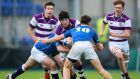 Clongowes’ Sean McCrohan is tackled by St Mary’s duo  Niall McEniff and Daragh McDonagh during the Leinster Schools Senior Cup clash at Donnybrook. Photograph: Gary Carr/Inpho 