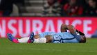  Manchester City’s Gabriel Jesus lies on the turf after suffering his injury at Bournemouth. Photograph: Andrew Matthews/PA Wire.
