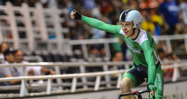 Mark Downey of Ireland celebrates after winning the gold medal in the UCI Cycling World Cup, men’s points race final, at Alcides Nieto Patino velodrome. Photograph: Getty Images
