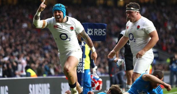 Jack Nowell  celebrates scoring England’s fourth try during the  Six Nations match against  Italy at Twickenham. Photograph: Clive Mason/Getty Images