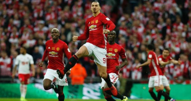 Zlatan Ibrahimovic celebrates scoring Manchester United’s opening goal in the EFL Cup final against Southampton at Wembley Stadium. Photograph:  Ian Kington/AFP/Getty Images