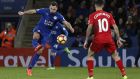 Leicester City midfielder Danny Drinkwater  scores their second goal during the  Premier League  match against  Liverpool at King Power Stadium. Photograph:  Adrian Dennis/AFP/Getty Images