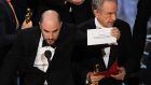  ‘La La Land’ producer Jordan Horowitz and US actor Warren Beatty reveal the best picture mix-up at this year’s  Oscars  in Hollywood, the US. Photograph: Mark Ralston/AFP/Getty Images