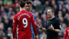 Manchester United’s Zlatan Ibrahimovic and Bournemouth’s Tyrone Mings are spoken to by referee Kevin Friend. Photo: Andrew Yates/Reuters
