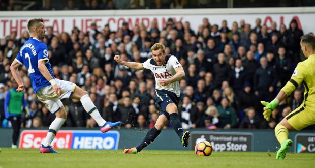 Tottenham Hotspur’s Harry Kane scores his second goal against Everton at White Hart Lane. Photograph: EPA