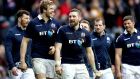 Scotland players celebrate their win over Wales at Murrayfield. Photograph: Ryan Byrne/Inpho
