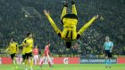 Dortmund’s Pierre-Emerick Aubameyang celebrates scoring their fourth goal in their Champions League last 16 second leg win over Benfica. Photo: Friedemann Vogel/Getty Images