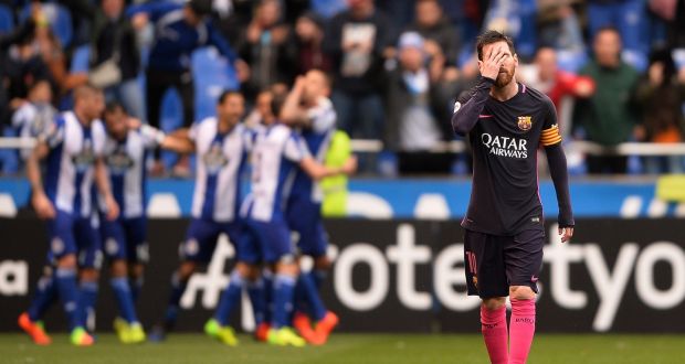 Lionel Messi and Barcelona were brought back to earth with a bump by Deportivo. Photograph: Miguel Vidal/Reuters