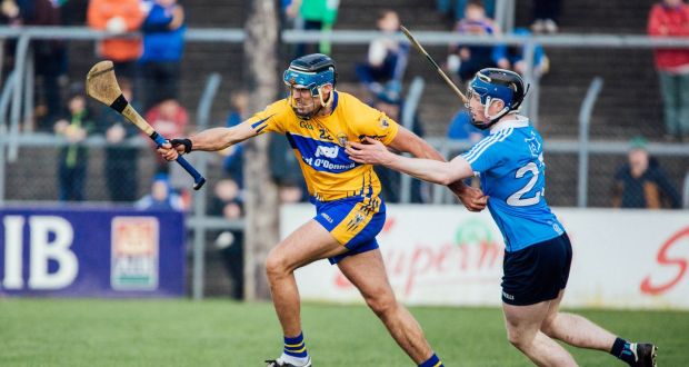 Clare’s Brendan Bugler and Dublin’s Cian O’Sullivan in action during the NHL Division One clash at  Cusack Park, Ennis on Sunday. Photograph:  Brian Arthur
