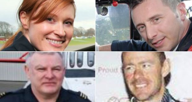 Helicopter crew (clockwise): Capt Dara Fitzpatrick and the three crew members still missing, Mark Duffy,  Ciarán Smith    and Paul Ormsby. 