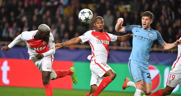 Monaco midfielder Tiemoue Bakayoko heads home his side’s third goal during the  Champions League round of 16  match against Manchester City  at the Stade Louis II. Photograph:  Pascal Guyot/AFP/Getty Images