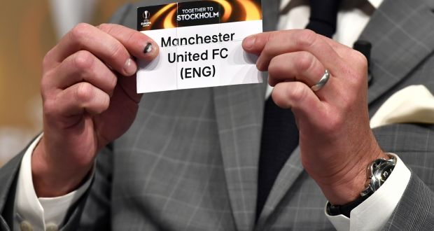 Manchester United are pulled out of the pot during the quarter-final draw for the Europa League quarter-finals at Uefa headquarters in Nyon. Photograph: Getty Images