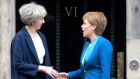 British prime minister Theresa May and  Scotland’s first minister Nicola Sturgeon in July 2016.  The Scottish parliament will on Tuesday begin debating a motion calling for a second referendum on independence to be held between autumn 2018 and spring 2019. Photograph: Lesley Martin/AFP/Getty Images