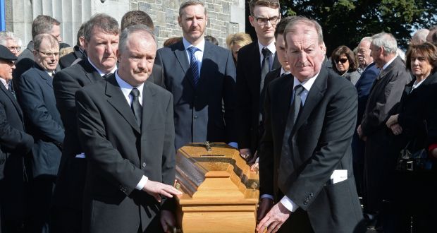 Haughey family members including Seán Haughey (left) and Ciarán Haughey (right) escort the remains of Maureen Haughey at her funeral at Malahide, Co Dublin. Photograph: Eric Luke/ The Irish Times
