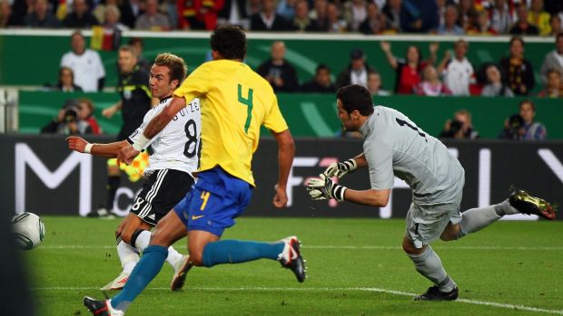 Gotze scores his first goal for Germany in a friendly against Brazil in 2011. Photo: Christof Koepsel/Bongarts/Getty Images