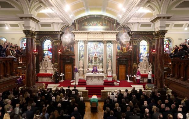 The funeral of Northern Ireland's former deputy first minister and ex-IRA commander Martin McGuinness takes place at St Columba's Church. Photograph: Niall Carson/PA 
