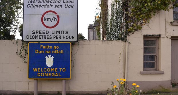 A Border sign in Pettigo, Co Donegal: a shared-space arrangement would enable a shared civil and commercial life, while preserving  current political identities. Photograph: Clodagh Kilcoyne/Reuters