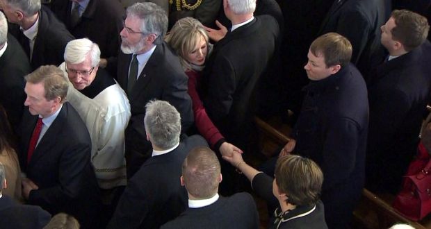 DUP leader Arlene Foster (below right) and Sinn Féin’s leader in Northern Ireland Michelle O’Neill shake hands at the funeral of Martin McGuinness on Thursday. Photograph: Darran Marshall/BBC 