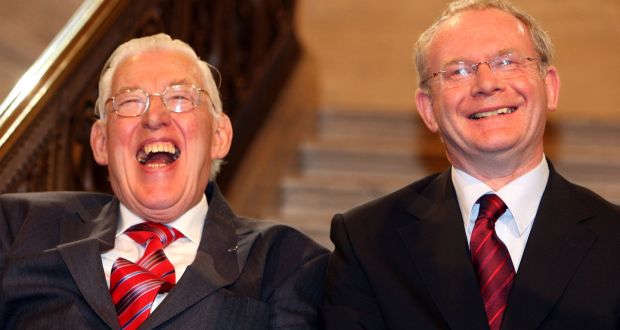 A file photograph from 2007 showing then Northern Ireland   First Minister Ian Paisley (left) and Deputy First Minister Martin McGuinness smiling after being sworn in as ministers. Mr  McGuinness died on Tuesday. Photograph: PA  