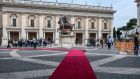 A red carpet is laid down during the final preparations for an informal European summit commemorationg the 60th anniversary of the Treaty of Rome, at Rome’s Piazza del Campidoglio, Capitoline Hill, on Friday. Photograph: Alessandro Di Meo/ANSA via AP