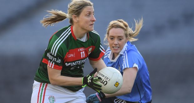 Mayo’s  Cora Staunton  in action against Fiona Hudson of Dublin during the Lidl Ladies Football National League match  at Croke Park. Photograph: Brendan Moran/Sportsfile