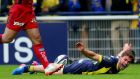  Clermont’s Damien Penaud scores a late try to wrap up victory over Toulon. Photograph: James Crombie/Inpho