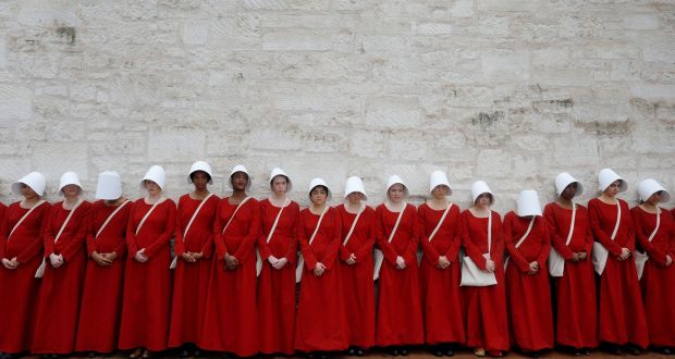 Women dressed as handmaids promote US streaming platform Hulu’s imminent adaptation of Margaret Atwood’s novel The Handmaid’s Tale at the recent SXSW festival in Austin, Texas. Photograph: Reuters/Brian Snyder 