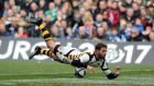 Wasps’ Willie Le Roux appears to score a try in Saturday’s clash with Leinster, but  it was disallowed by referee Nigel Owens. Photograph: Morgan Treacy/Inpho
