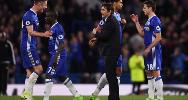 Antonio Conte and Gary Cahill celebrate following Chelsea’s 2-1 win over Manchester City at Stamford Bridge in midweek. Photograph:  Mike Hewitt/Getty Images