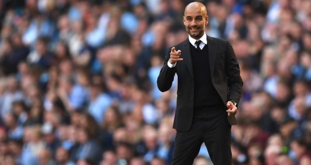  Manchester City manager Pep Guardiola gestures during their win over Hull City at Etihad Stadium. Photograph: Shaun Botterill/Getty Images