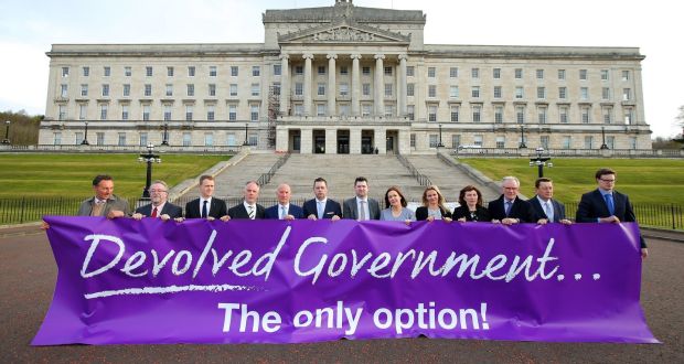 A group of business and civic society leaders at Stormont in Belfast demanding a restoration of devolution, April 11th, 2017. Photograph: Kelvin Boyes/Press Eye/PA Wire