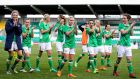 The Irish players acknowledge the crowd after the game in Tallaght. Photograph: Ryan Byrne/Inpho