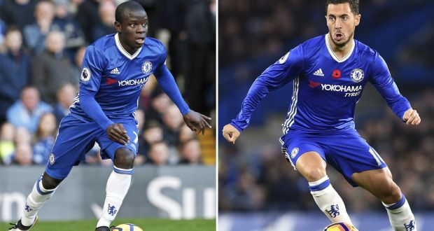 N’Golo Kante and Eden Hazard have seen their key roles in Chelsea’s bid for the Premier League title acknowledged with nominations for England’s Professional Footballers’ Association Player of the Year award. Photograph: Getty Images