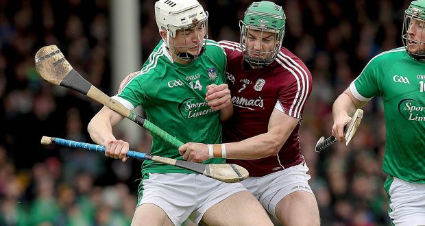 Limerick’s Kyle Hayes in action against  Adrian Tuohy of Galway during the Allianz Hurling League Division 1A semi-final at the  Gaelic Grounds. Photograph: Donall Farmer/Inpho