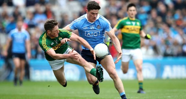 Dublin’s Diarmuid Connolly and Jonathan Lyne of Kerry in action in the Allianz Football League Division One final. Photograph: Ryan Byrne/Inpho