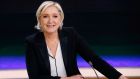 French presidential election candidate Marine Le Pen on the set of the France 2 TV channel, in Paris. Photograph: Patrick Kovarik/AFP/Getty Images
