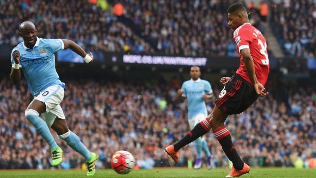 Marcus Rashford sliced through City in the fixture at the Etihad last year. Photo: Getty Images