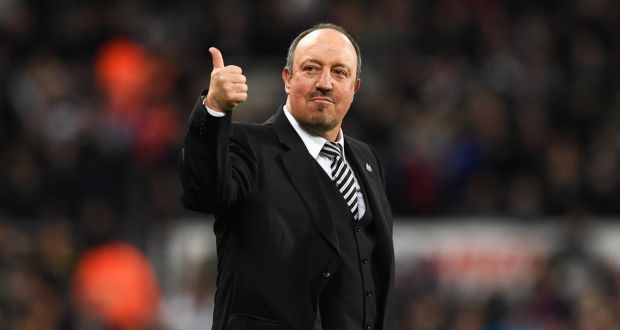 Newcastle manager Rafa Benitez celebrates promotion to the Premier League after the 4-1 win over Preston at St James’ Park. Photograph: Stu Forster/Getty Images