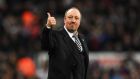 Newcastle manager Rafa Benitez celebrates promotion to the Premier League after the 4-1 win over Preston at St James’ Park. Photograph: Stu Forster/Getty Images