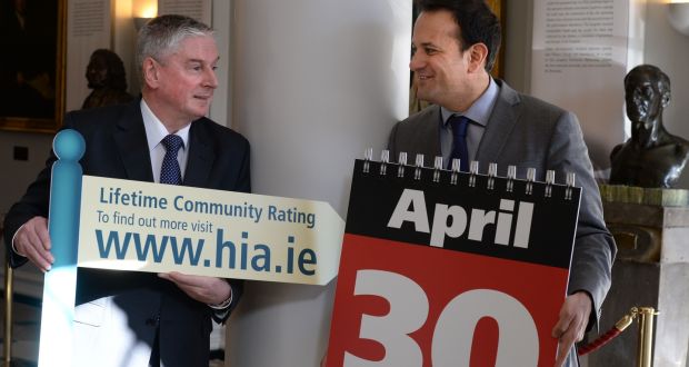 Former minister for health Leo Varadkar TD with Don Gallagher, CEO of the Health Insurance Authority at the launch of the Lifetime Community Rating in 2015. Photograph: Dara Mac Dónaill