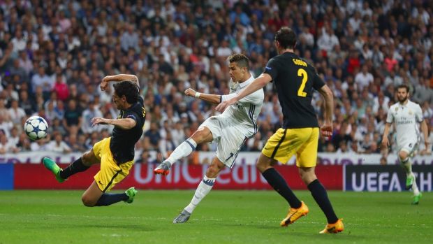 Ronaldo fires home his second goal. Photograph: Lars Baron/Getty Images