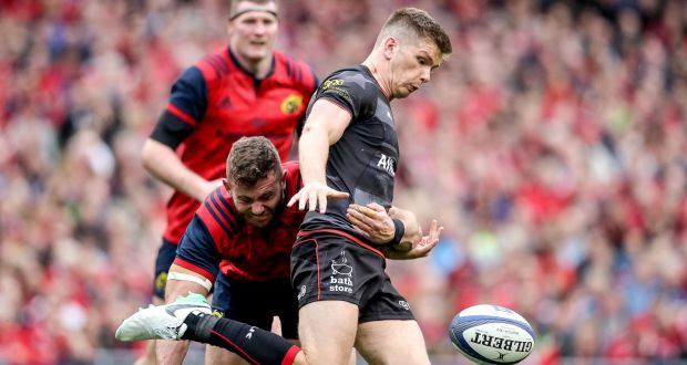  Munster’s Jaco Taute tackles Owen Farrell of Saracens during their Champions Cup semi-final last month. Photograph: Dan Sheridan/Inpho
