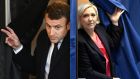 Combination of pictures showing Emmanuel Macron (in Le Touquet) and Marine Le Pen (in Henin-Beaumont) exiting polling booths. Photograph: Alain Jocard/AFP/Getty Images