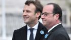 French president-elect Emmanuel Macron with outgoing president François Hollande at the ceremony. Photograph: Stephane De Sakutin/AFP/Getty Images